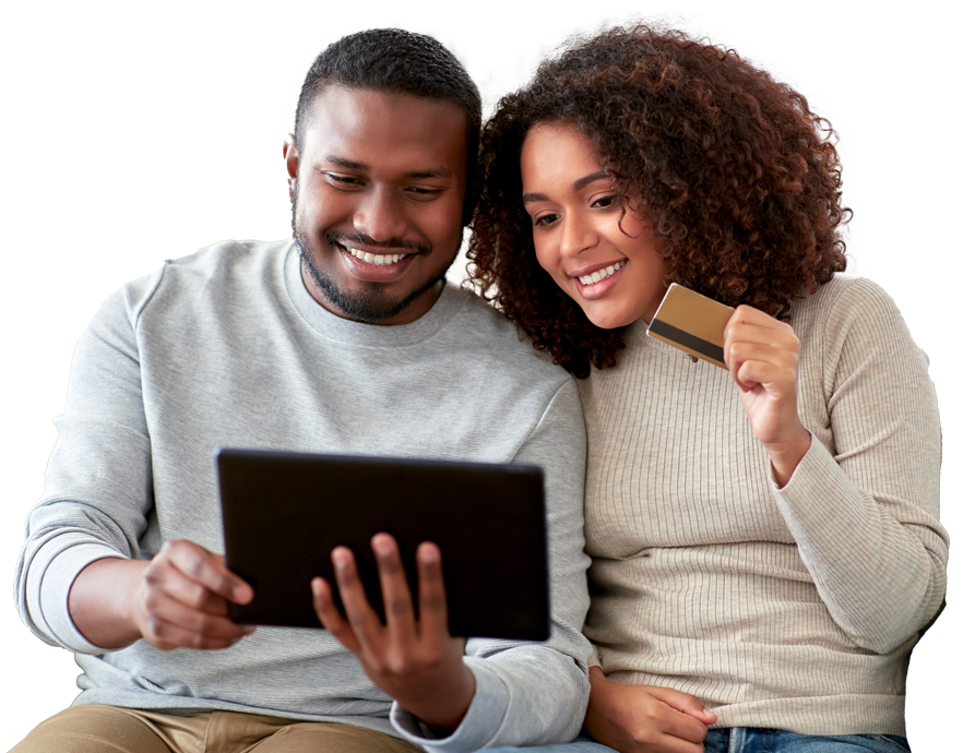 Couple man and woman with bank card and laptop giving online