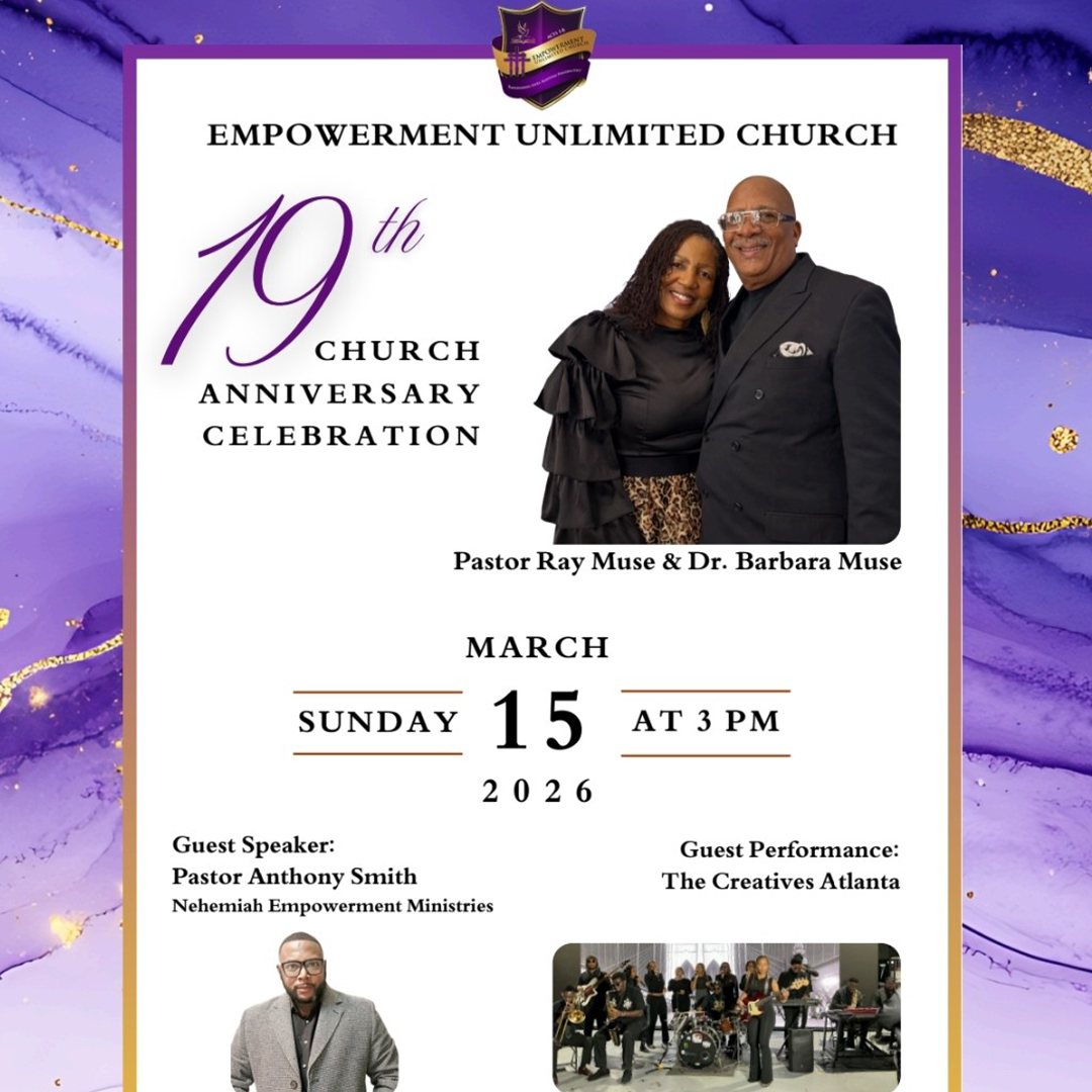 Empowerment Unlimited Church flyers for 19th church anniversary with Pastors pictures