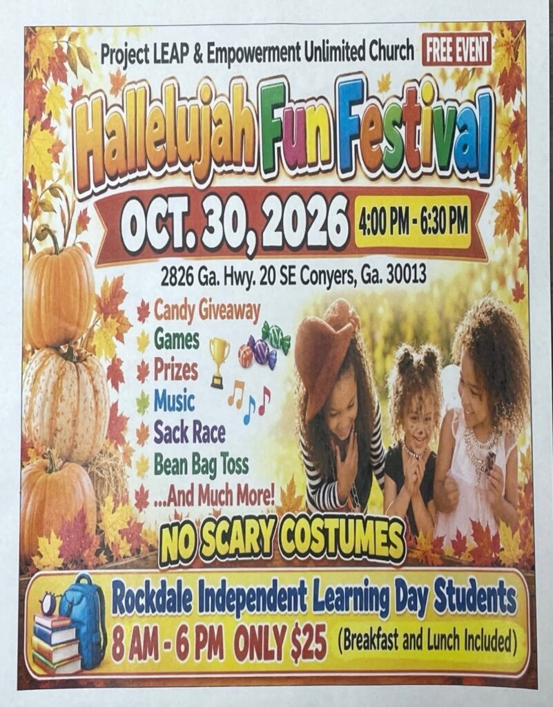 Project LEAP and Empowerment Unlimited Curch Hallelujah Fun Festival flyer for Oft 30,2026 children in costume and event details